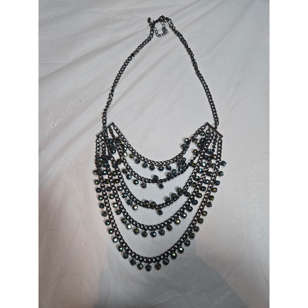 Gunmetal Multi Strand Iridescent Crystal Bead Statement Bib Necklace